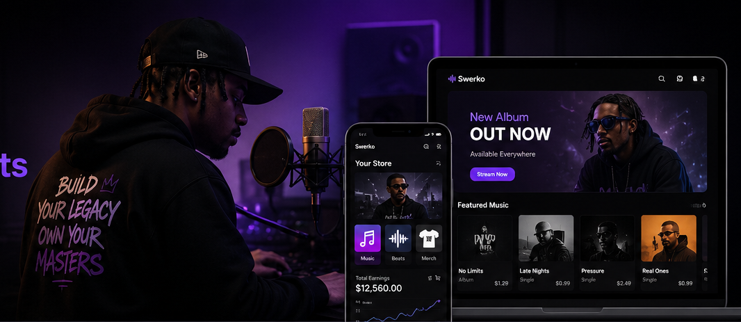 Independent artist using the Swerko music business platform on a laptop and phone